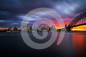 Sunset skyline of Sydney downtown with Harbour Bridge, NSW, Aus