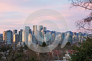 Sunset, skyline Vancouver downtown with the mountains of north Vancouver in the background