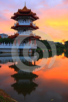 Sunset in a Small Lake with Pagoda