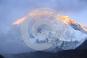 Sunset on snow capped mountain on the way to everest base camp