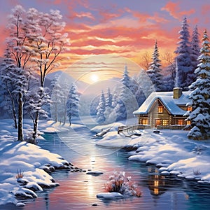 Sunset in Snow-Covered Landscape