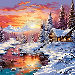 Sunset in Snow-Covered Landscape