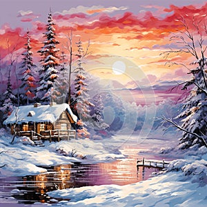 Sunset in Snow-Covered Landscape