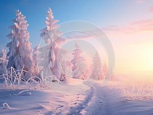 Sunset in snowy forest and path. Winter calm landscape