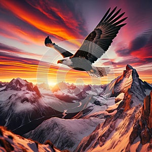 Sunset Soar: Eagle Gliding Over Majestic Mountain Peaks
