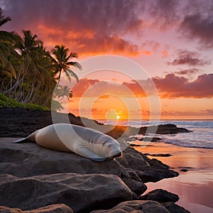 Sunset Solitude: A Monk Seal\'s Peaceful Escape photo