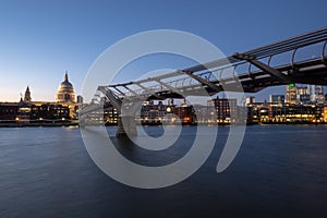 Sunset from southbank in London with St Pauls Cathedral and Millennium Bridge