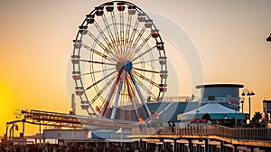 Sunset Spectacle - The Ferris Wheel at Pacific Park\'s Pier. Generative AI