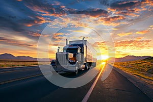 Sunset Speed: Big Rig Truck Racing on Open Road Wallpaper and Design, Generative AI