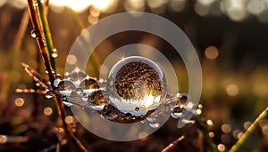 Sunset sphere glows with abstract pattern, reflecting wet autumn meadow generated by AI