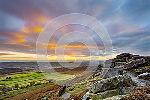 Sunset from Stanage Edge, in the Peak District National Park, Derbyshire, England, UK