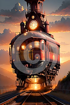 A Sunset Station Built in the Style of Locomotives Amidst Clouds, Mountains, and Rails. AI generated