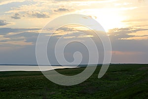 Sunset in the steppe near the salt lake Lopuhovatoe, Rostov region, Russia