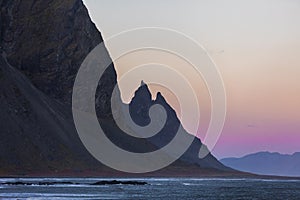 Sunset at Stokksnes beach of Vestahorn mountain range, Iceland