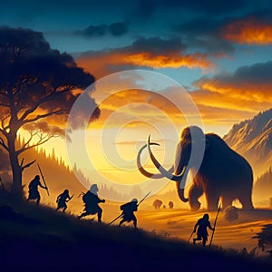 sunset stone age tribe hunting mammoth photo