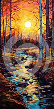 Sunset Stream In Birch Forest Mosaic Painting photo