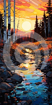 Sunset Stream In Birch Tree Forest: Hyper Detailed Pixel-art Inspired By Erin Hanson