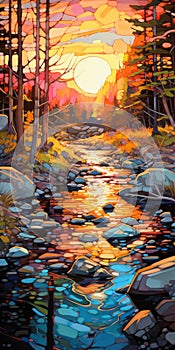 Sunset Stream: A Colorful Pixel-art Painting Inspired By Erin Hanson