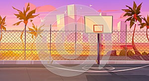 Sunset street basketball court, cityscape skyline