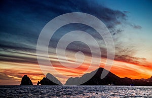 Sunset with a stunning beautiful sky above the city of Cabo San Lucas. Mexico. Sea of Cortez.