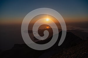 Sunset from the summit of Mount Babadag above the islands surrounding Olu Deniz in Turkey