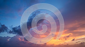 Sunset with sun rays, sky with clouds