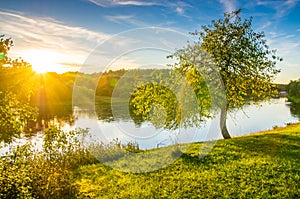 Sunset sun shine, river scenic landscape