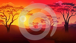 Sunset or sunrise in Africa savanna landscape with trees and grass