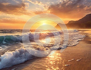 Sunset or sunrise on the beach at golden hour with waves hitting the shore