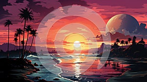 Sunset or sunrise on the beach landscape with beautiful pink sky and sun reflection over the water