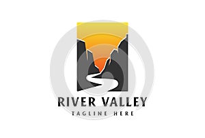 Sunset Sunrise Canyon Cliff with River Creek Road for Adventure T Shirt Logo Design Vector