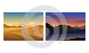 Sunset or Sunrise Horizontal Landscape View Vector Set