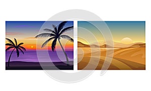 Sunset or Sunrise Horizontal Landscape View Vector Set