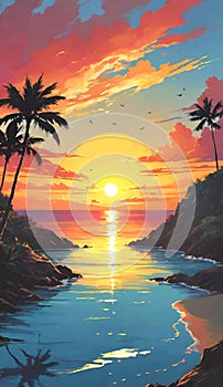 Sunset sunrise illustration Artificial Intelligence artwork generated
