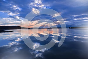 Sunset,Summer Landscape,Panorama.Beautiful Nature.Blue Sky,Amazing Colorful Clouds.Natural Background.Artistic Wallpaper.Lake,sun.