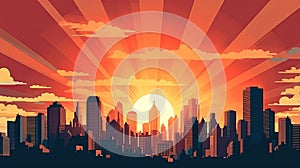 Sunset or sunrise Modern city skyscrapers panorama of tall buildings, urban background. Pop art retro vector illustration comic