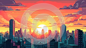 Sunset or sunrise Modern city skyscrapers panorama of tall buildings, urban background. Pop art retro vector illustration comic