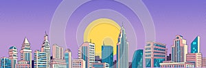 Sunset or sunrise Modern city skyscrapers panorama of tall buildings, urban background Pop art style