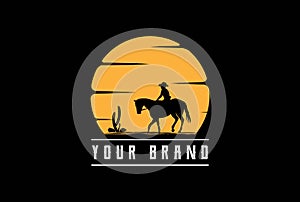 Sunset Sunrise or Moon with Female Woman Cowboy Riding Horse Silhouette Logo Design Vector