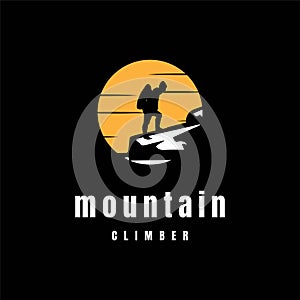 Sunset Sunrise Mountain Hiking Climber Adventure Sport Club Logo Design Vector