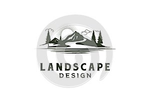 Sunset Sunrise Mountain Hill Pine Forest with River Creek Lake Landscape View Logo Design Vector