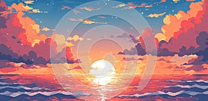 Sunset or sunrise in ocean, nature landscape background, pink clouds. Evening or morning view pixel art illustration.