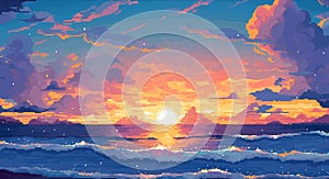Sunset or sunrise in ocean, nature landscape background, pink clouds. Evening or morning view pixel art illustration.