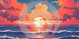 Sunset or sunrise in ocean, nature landscape background, pink clouds. Evening or morning view pixel art illustration.