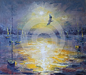 Sunset, sunrise over the lake, fishing boats, night, oil painting