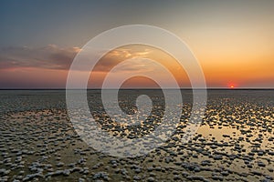 Sunset or sunrise on salt lake Elton (Russia) with mirror