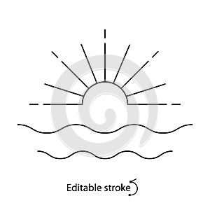 Sunset and sunrise in sea outline logo. Boho emblem. Ocean beach. Bohemian sign. Isolated vector stock illustration