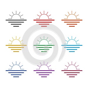 Sunset or sunrise and sea waves icon, color set