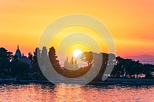 Sunset or sunrise sky above the sea. Nature, weather, atmosphere, travel theme. Sunrise or sunset over the sea. Panorama