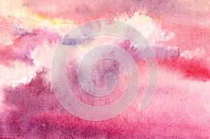 Sunset or sunrise sky with cumulus clouds. Pink, lilac and violet background with well visible texture of paper. Hand drawn real